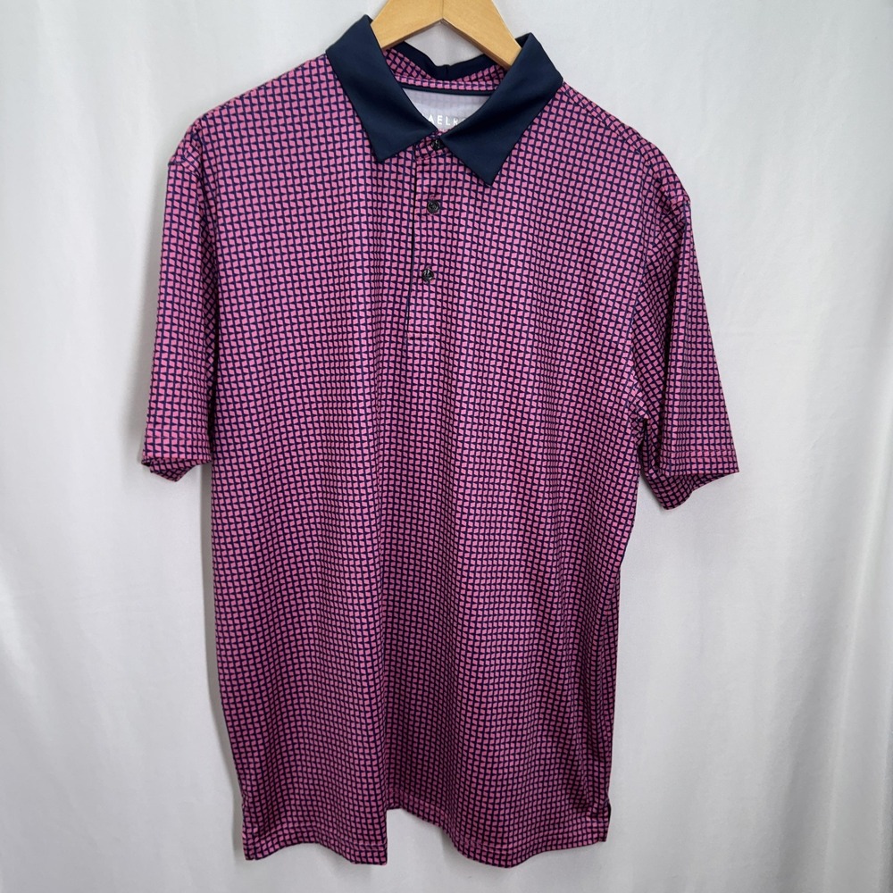 MAELREG Polo Shirt Mens L‎ Pink Geometric Print Performance Stretch Golf